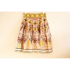 Bohemian Beaded Folk Festive Boho Floral Print Midi Skirt S Yellow Flared Art